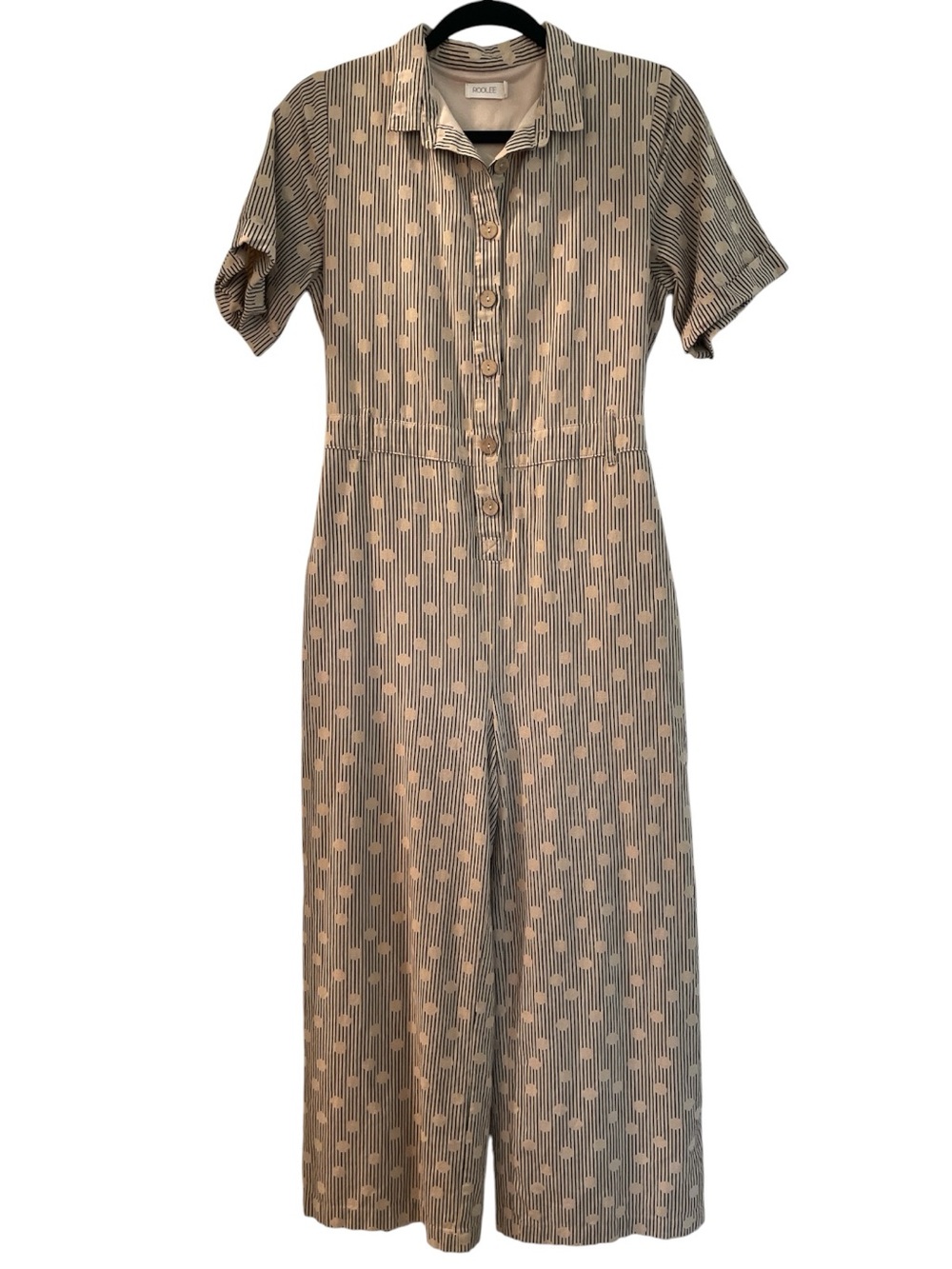 Roolee Polka Dot & Stripes Wide Leg Jumpsuit | Tan & Black | Size Small
